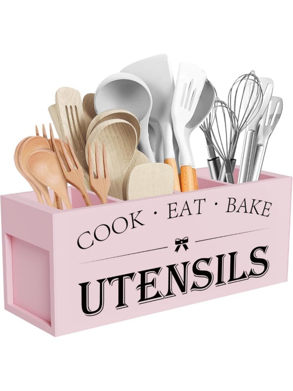 Extra Large Pink Wooden Utensil Holder for Kitchen Countertop - Stylish